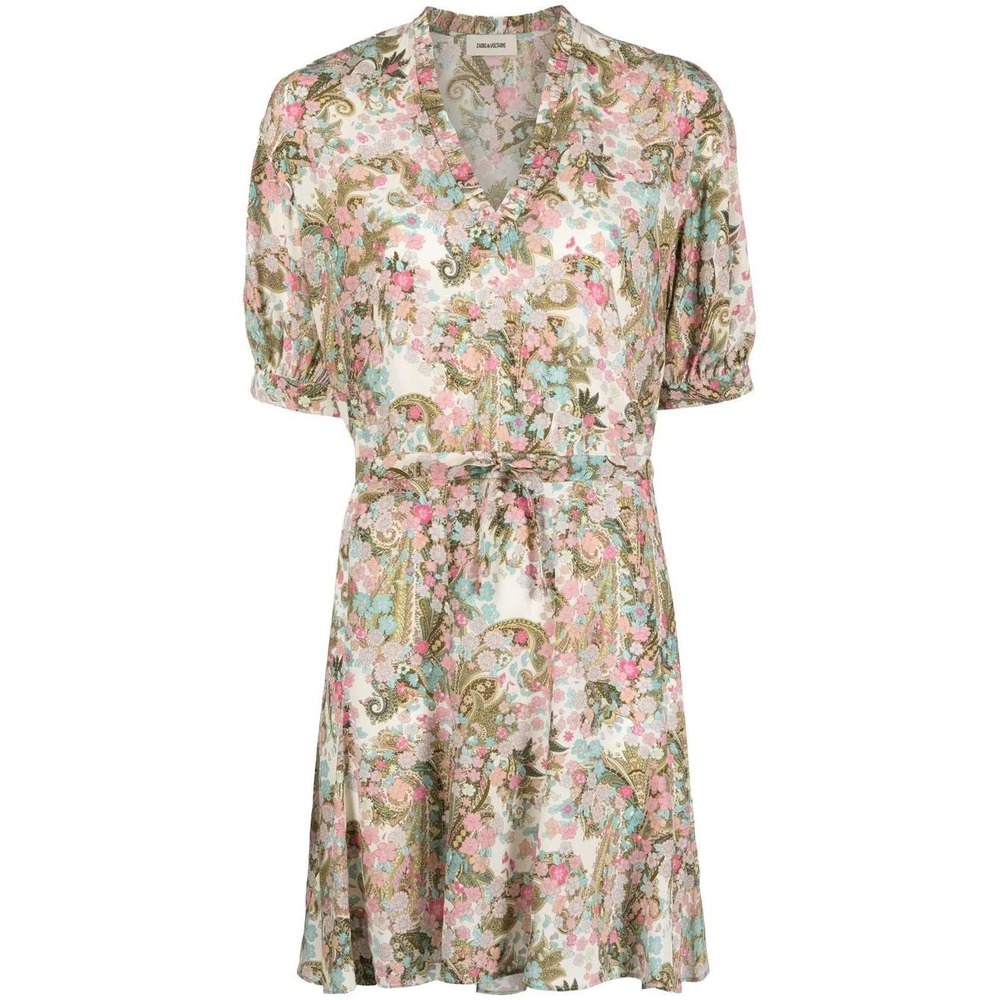 Zadig & Voltaire Yoko Flower Paisley Floral V-Neck Mini Dress Pink Blue Small - Picture 2 of 6